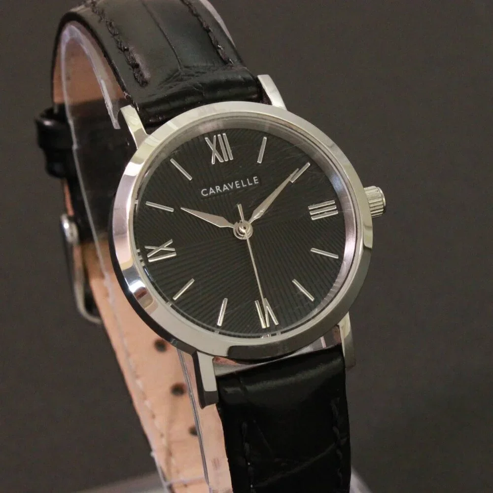 Caravelle Ladies Quartz Dress Watch By Bulova Black Textured Dial, Strap 28mm